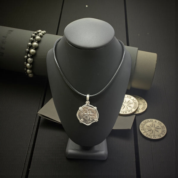 Atocha solid 925 sterling silver coin pendant with leather chain in 92