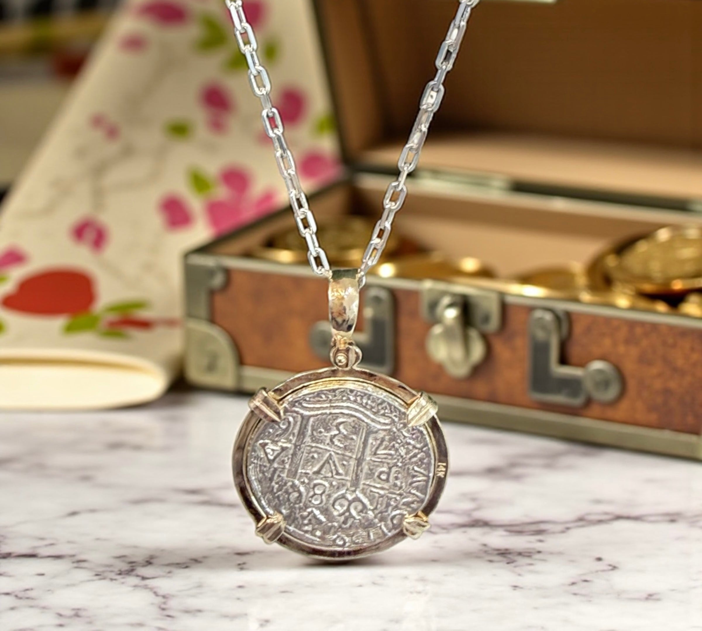 ATOCHA SHIPWRECK SILVER COIN PENDANT IN 14KT SOLID REAL GOLD BEZEL