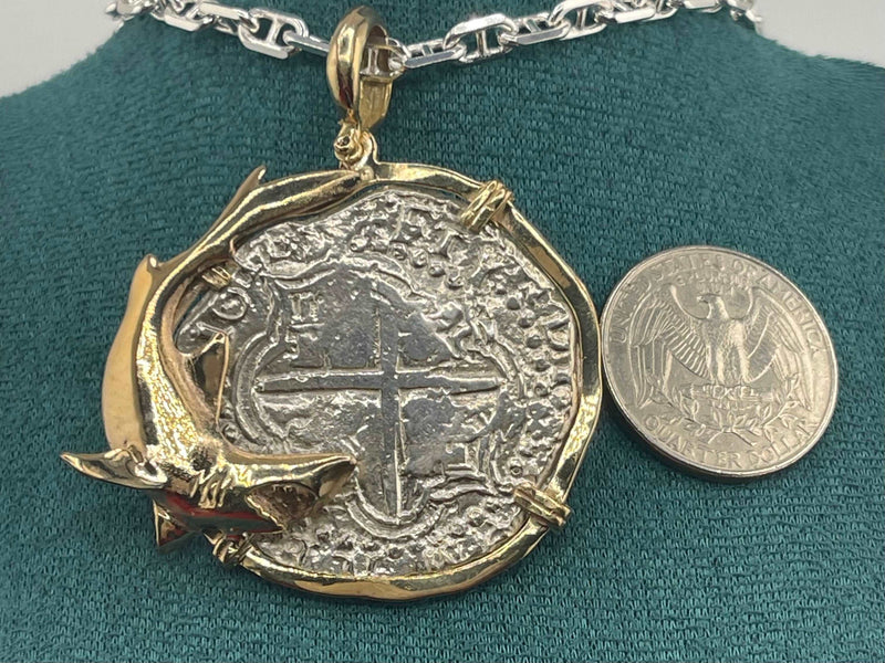 NUESTRA SENORA DE ATOCHA SOLID LARGE SILVER COIN PENDANT IN 14KT SOLID FISH GOLD BEZEL