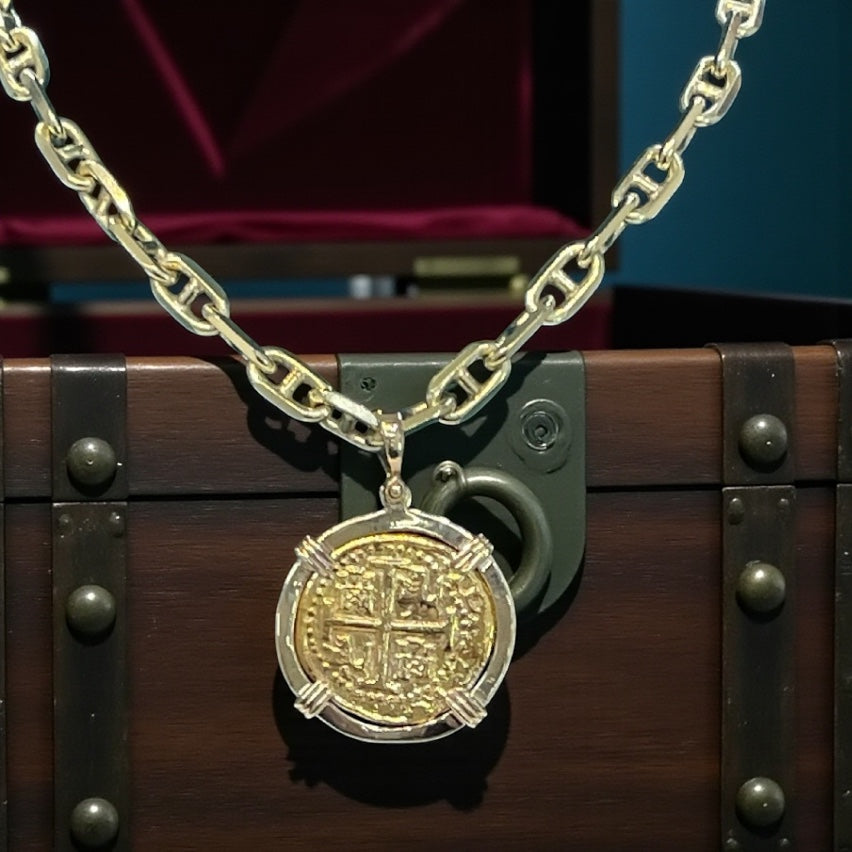 14K REAL SOLID GOLD HEAVY BEAUTIFUL ANCHOR CHAIN 6MM WITH 14K SOLID REAL GOLD HANDMADE ATOCHA COIN PENDANT