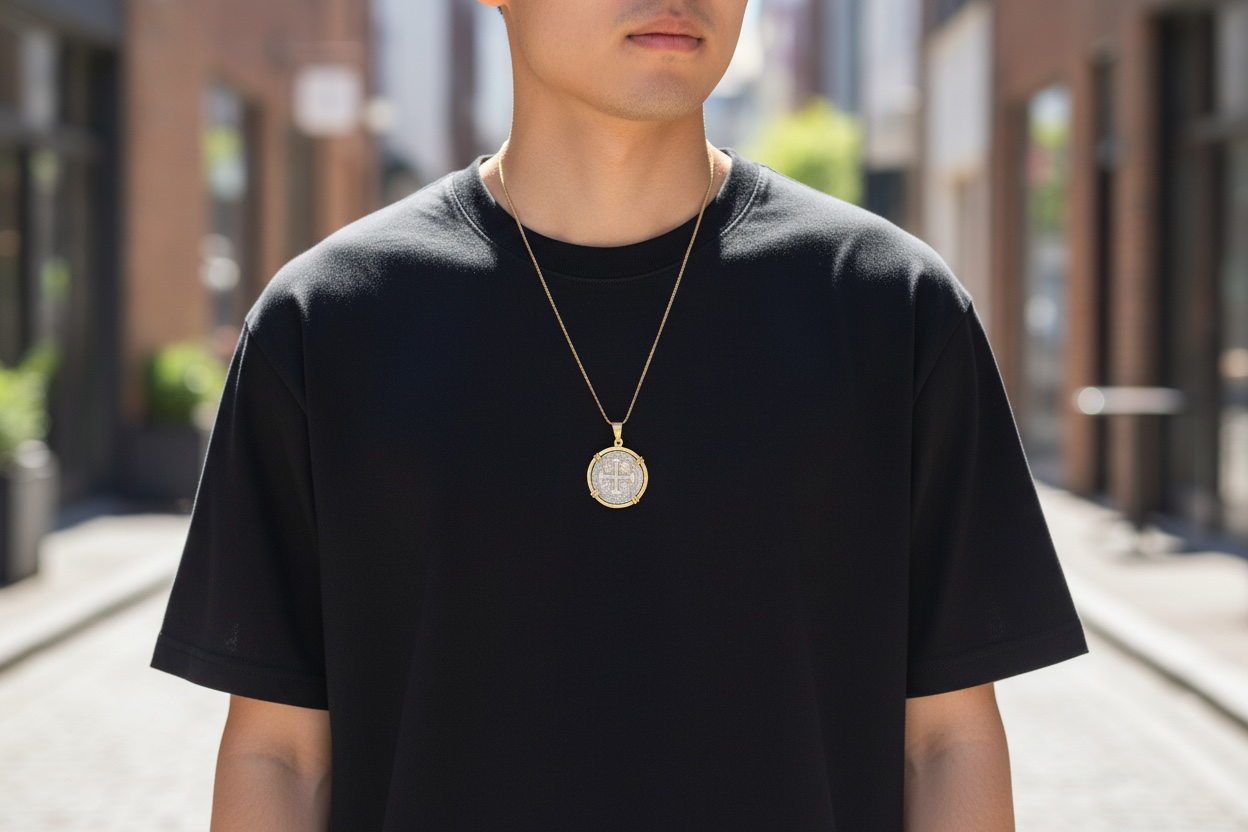ATOCHA Silver Coin Pendant In 14k Gold Bezel Handmade