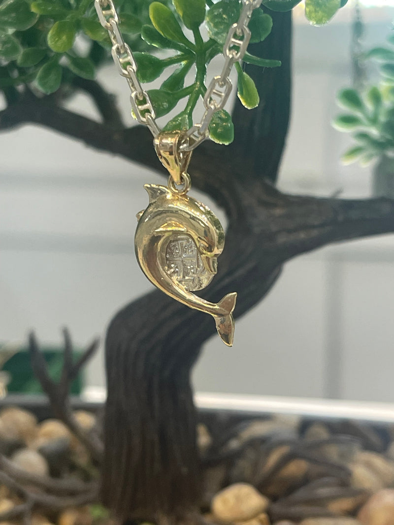 NUESTRA SENORA DE ATOCHA MINI SILVER COIN PENDANT IN 10K REAL GOLD FISH