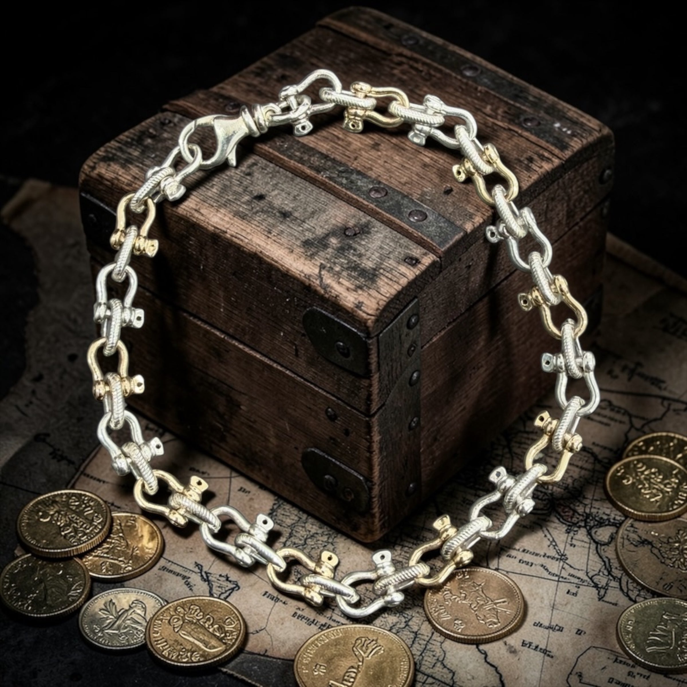 10k solid real  gold and 925 solid sterling silver two tone  handmade shackle link bracelet or necklace (unisex) 7mm