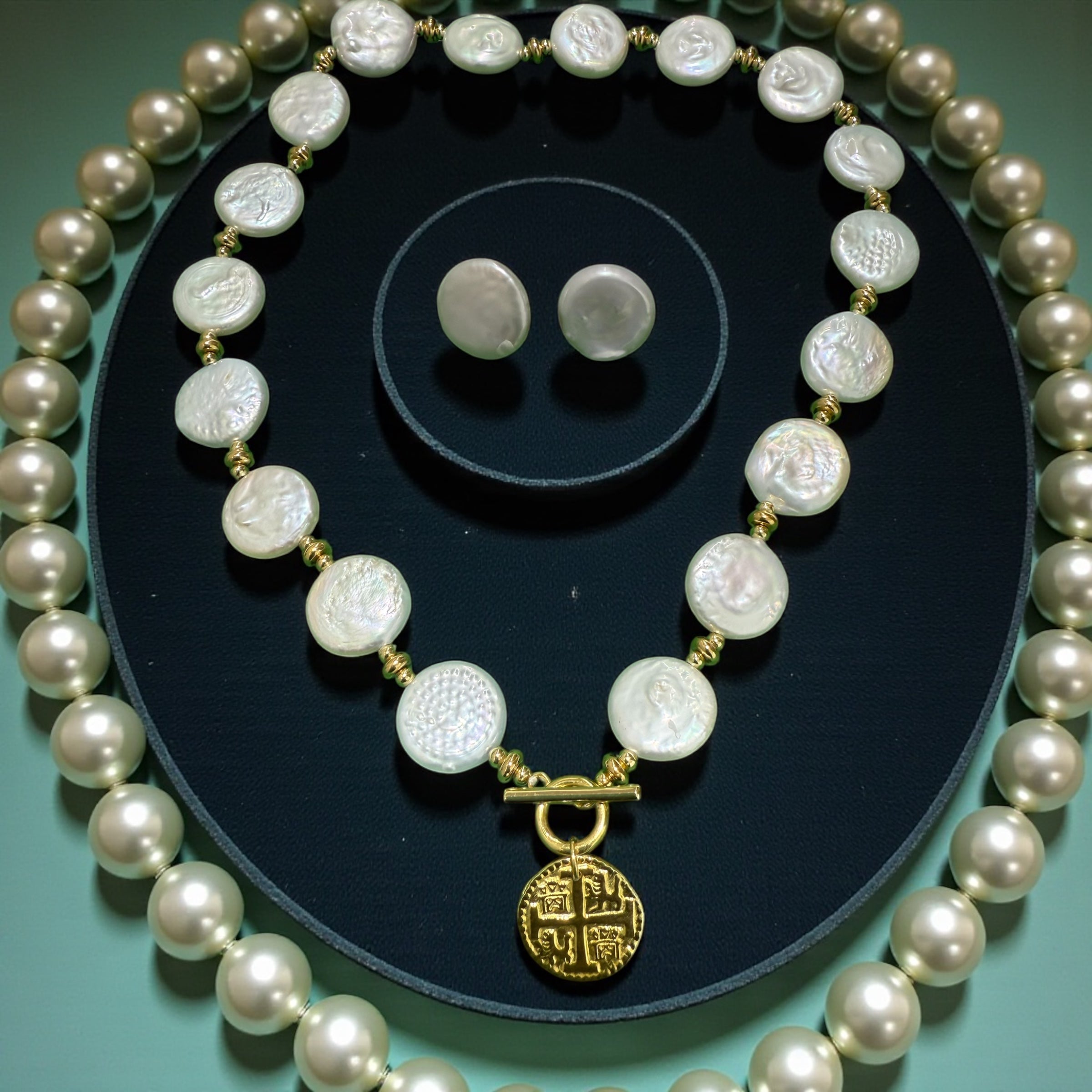 Beautiful Coin Pearl toggle necklace on atocha silver coin charm 18”