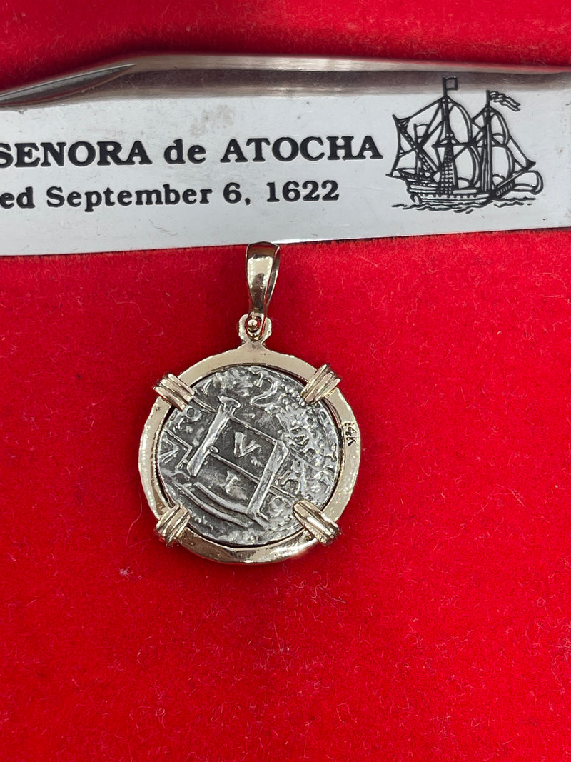 ATOCHA SILVER COIN PENDANT IN 14K REAL SOLID GOLD BEZEL HANDMADE FROM ATOCHA SILVER