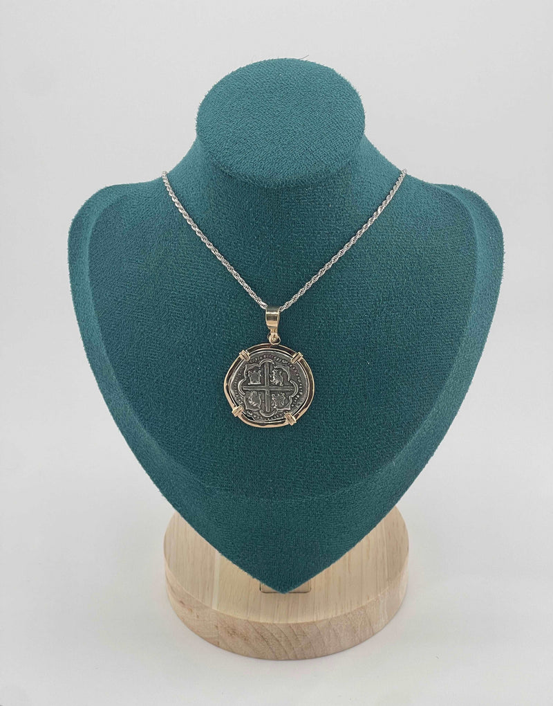 NUESTRA SENORA DE ATOCHA SILVER COIN PENDANT IN 14KT SOLID GOLD BEZEL