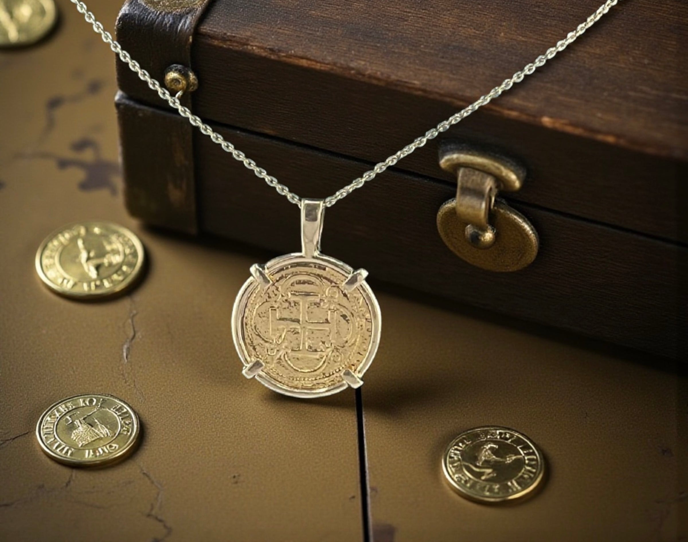 ATOCHA SHIPWRECK GOLD COIN PENDANT HANDMADE WITH 14k SOLID GOLD WITH 14k REAL GOLD CHAIN 18” LONG