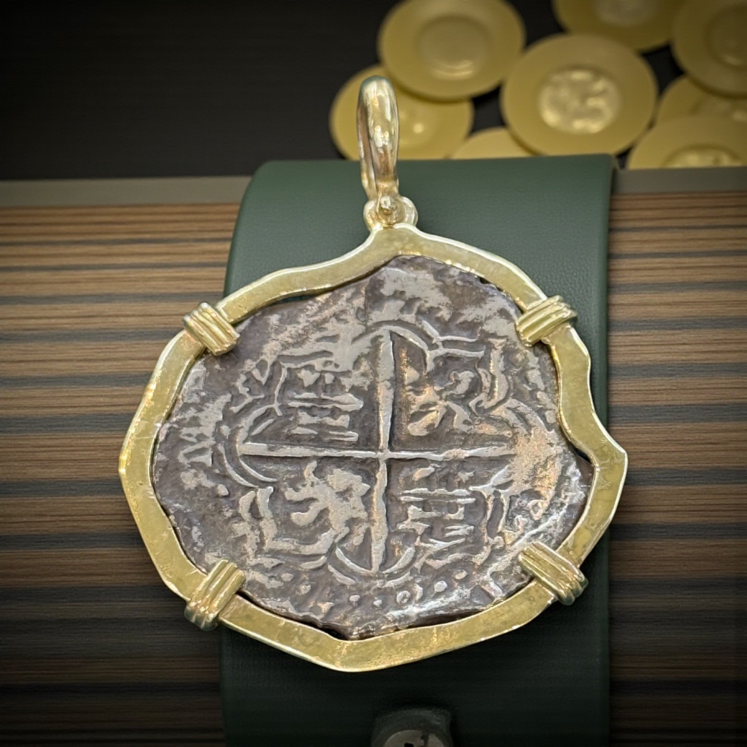 ATOCHA SILVER COIN PENDANT IN 14K REAL SOLID GOLD BEZEL 8 REALE SIZE HANDMADE FROM ATOCHA SILVER