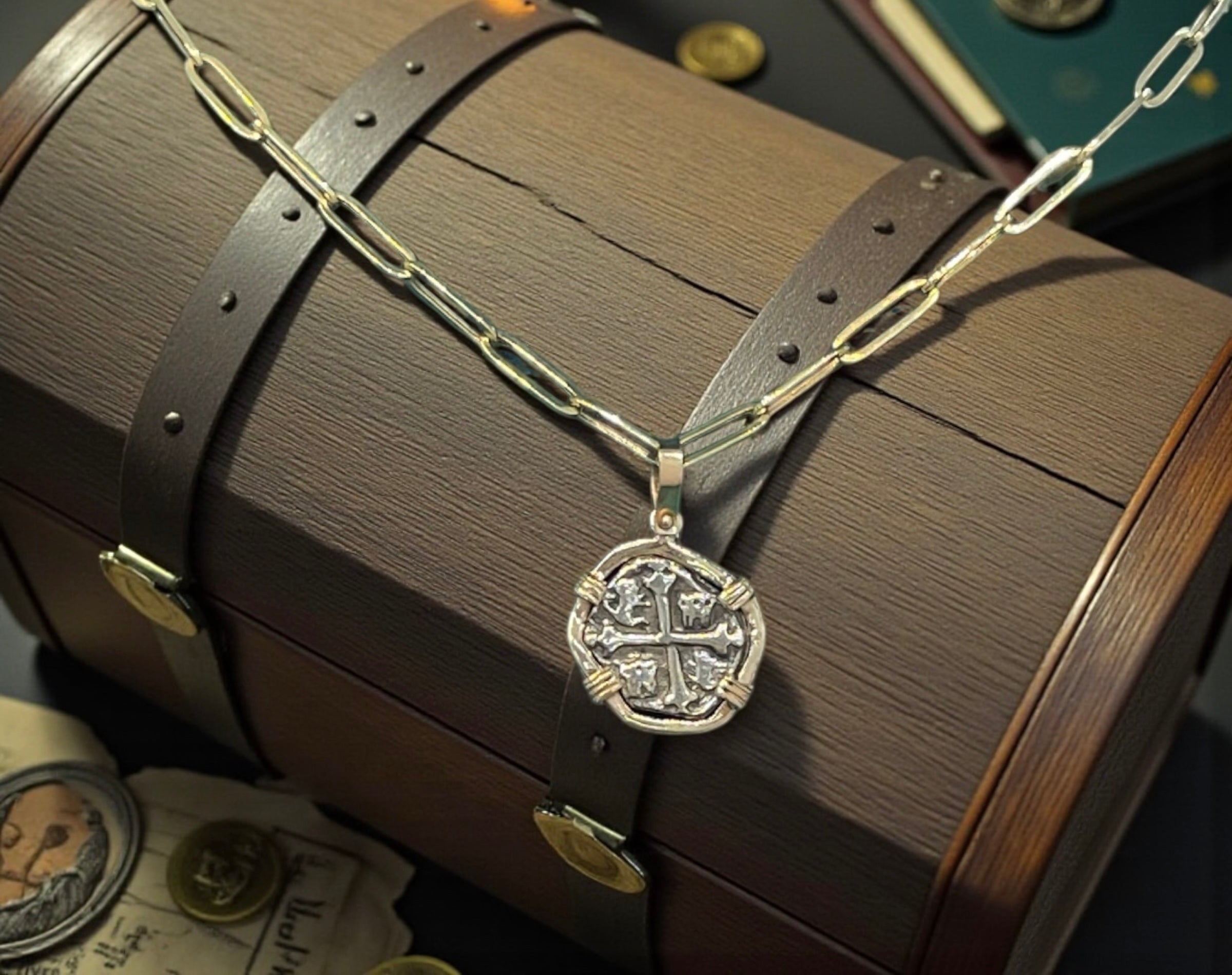 BEAUTIFUL HANDMADE RECREATION OF ATOCHA MINI SILVER COIN PENDANT IN 14KT REAL GOLD GOLD BEZEL