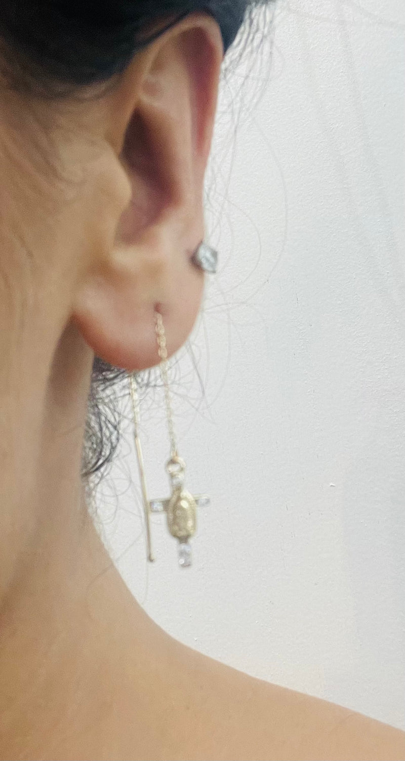 14K REAL GOLD CROSS MOTHER MARY THREAD EARRINGS.