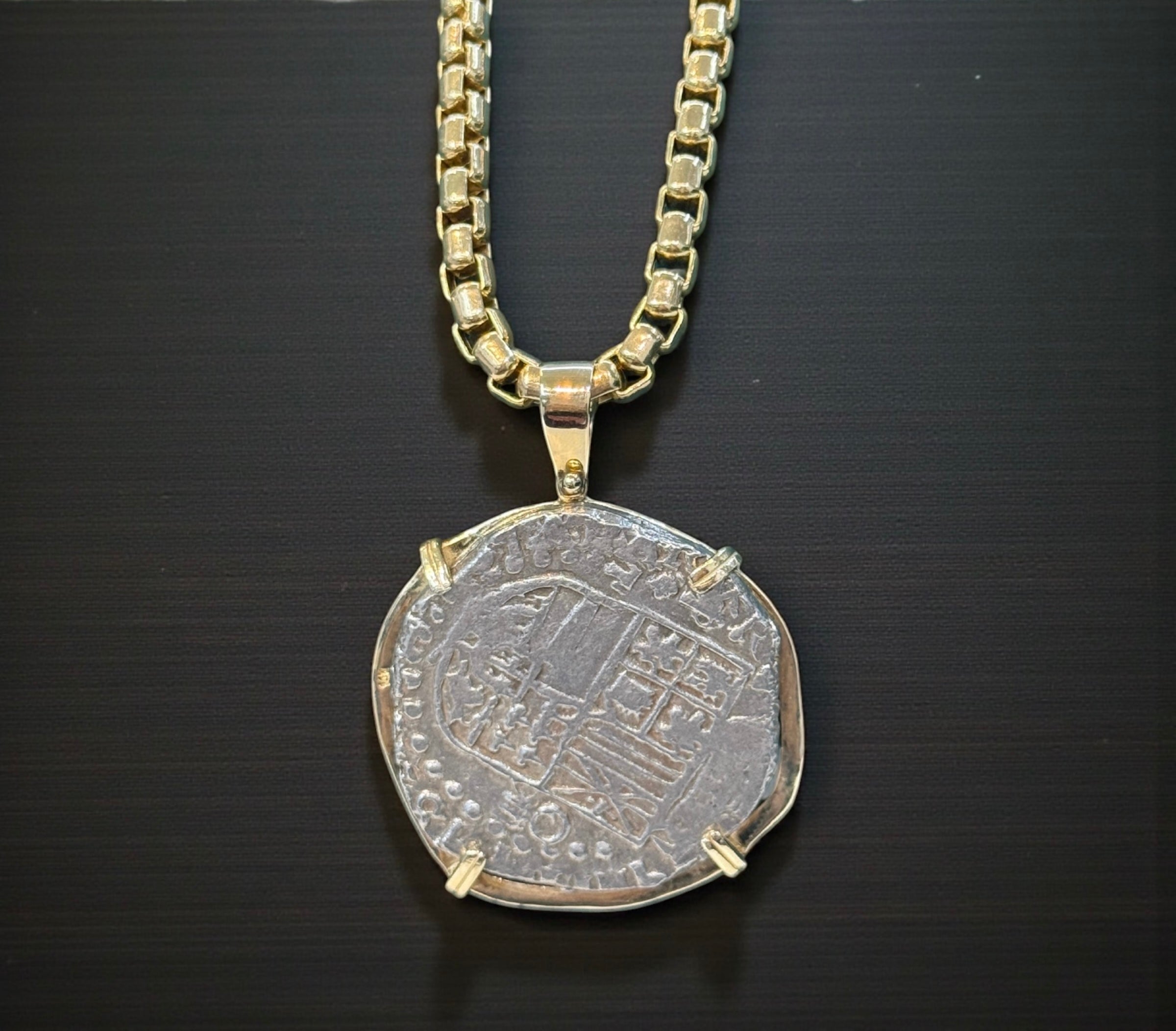 NUESTRA SENORA DE ATOCHA SILVER COIN PENDANT IN 14K REAL SOLID GOLD BEZEL 8 REALE SIZE HANDMADE FROM ATOCHA SILVER