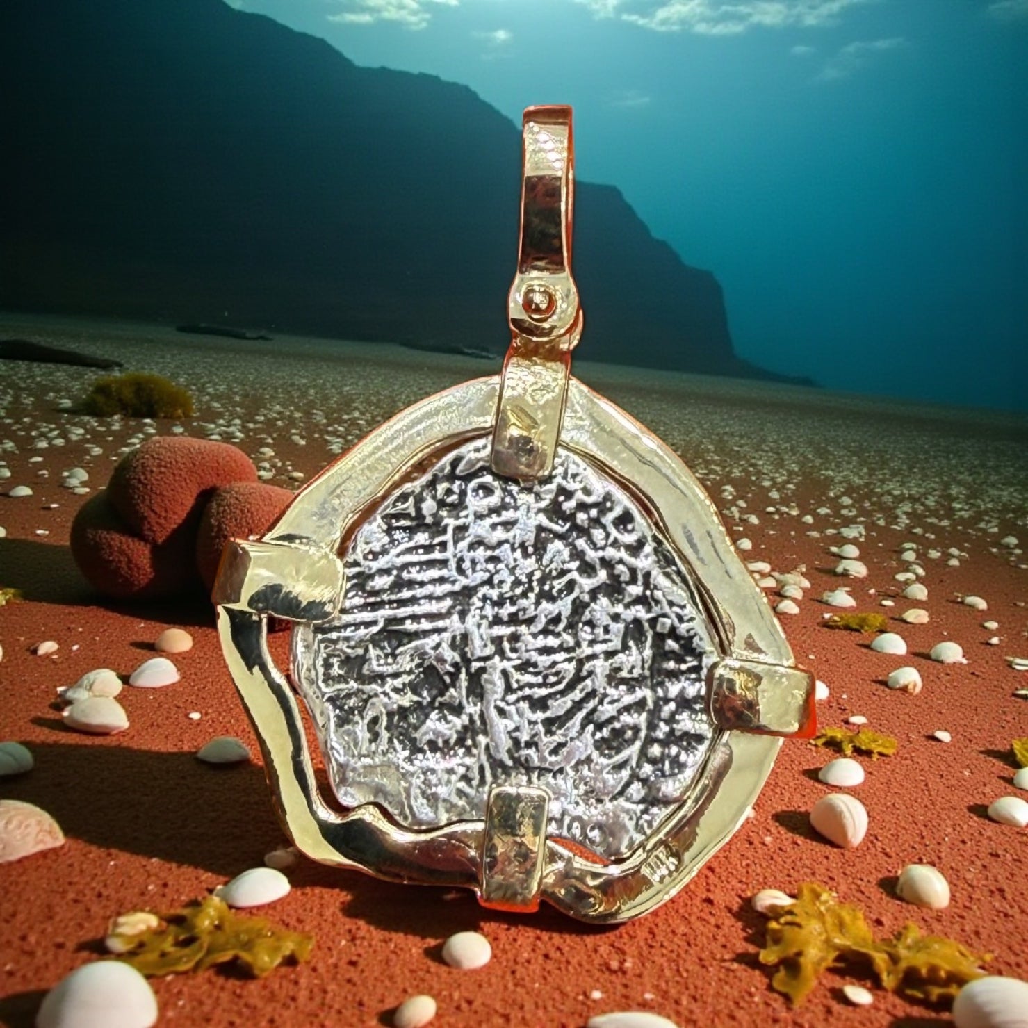 UNIQUE SHAPE ATOCHA SILVER SOLID COIN PENDANT IN 14K SOLID GOLD BEZEL