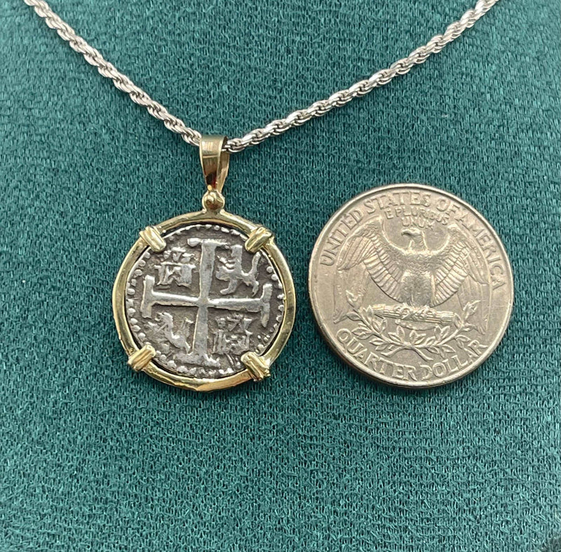 NUESTRA SENORA DE ATOCHA  SILVER COIN PENDANT IN 14KT GOLD BEZEL