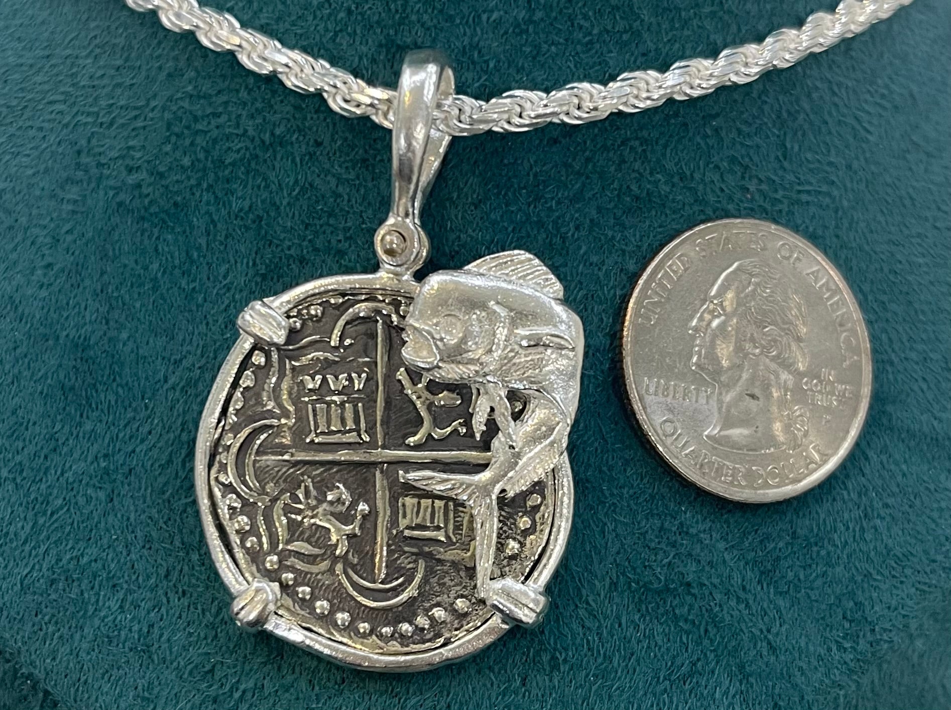 Solid Atocha shipwreck treasure Mel fisher silver coin pendant in fish bezel