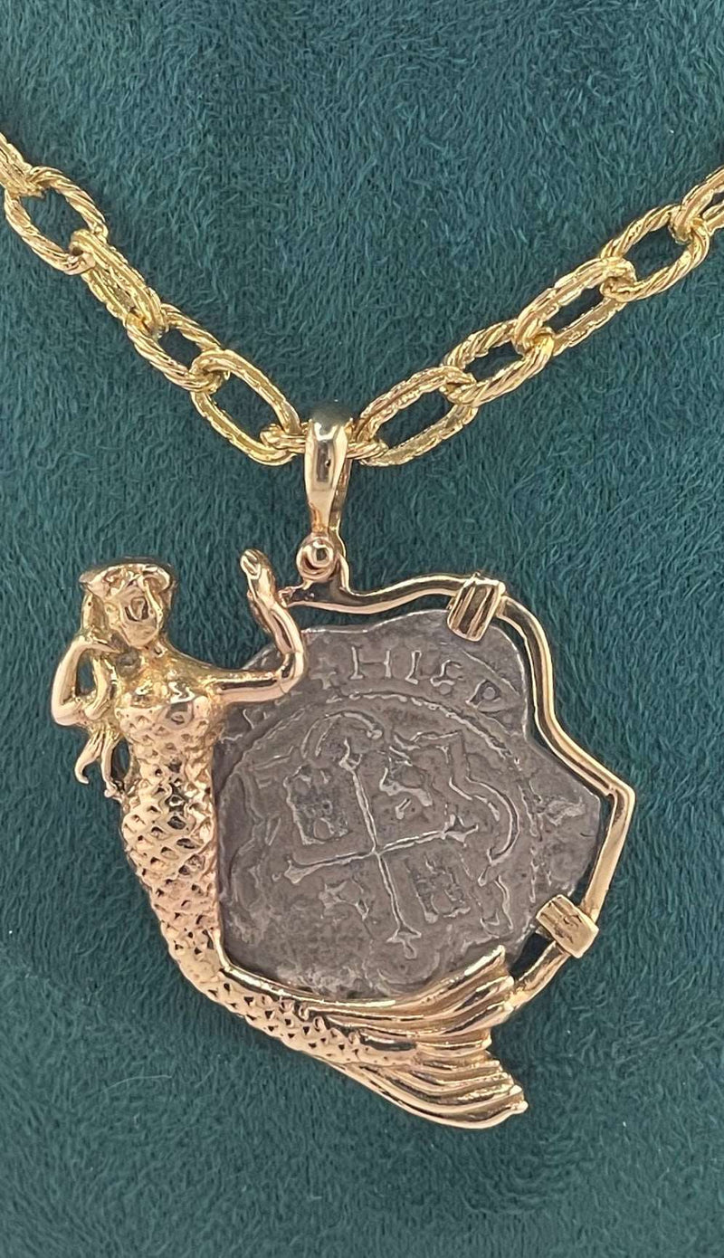 ATOCHA SHIPWRECK SILVER COIN PENDANT IN 14KT SOLID MERMAID GOLD BEZEL