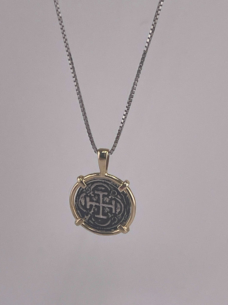 NUESTRA SENORA DE ATOCHA  SILVER COIN PENDANT IN 14KT GOLD BEZEL