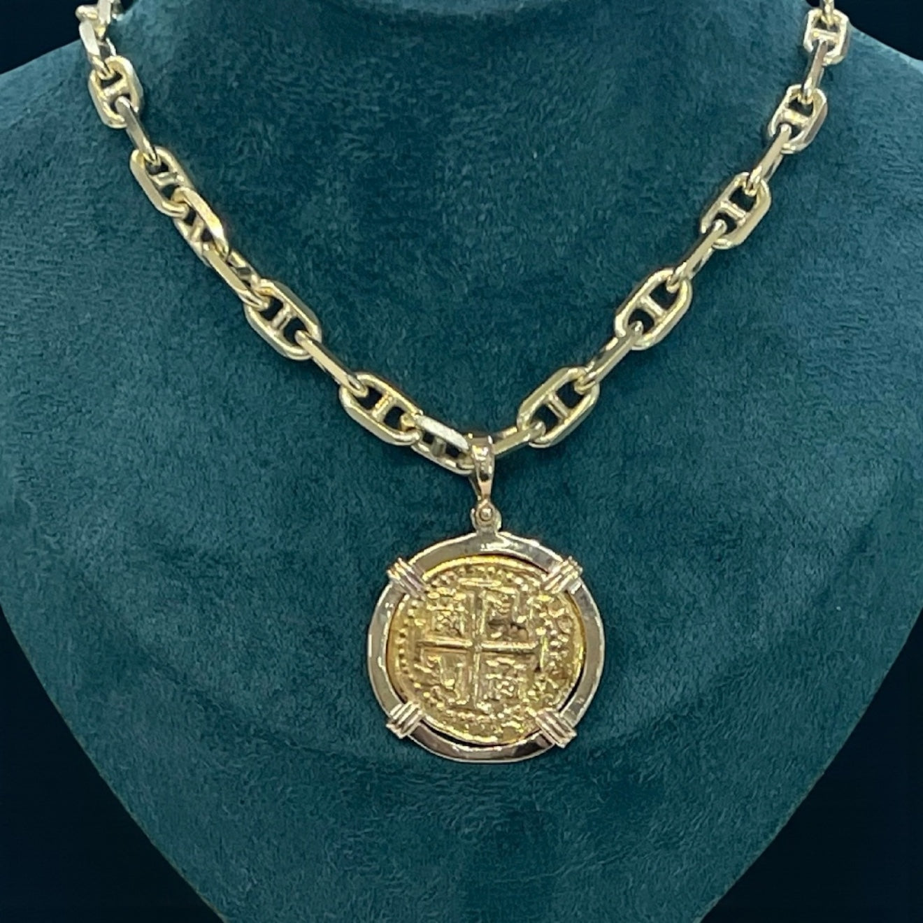 14K REAL SOLID GOLD HEAVY BEAUTIFUL ANCHOR CHAIN 6MM WITH 14K SOLID REAL GOLD HANDMADE ATOCHA COIN PENDANT