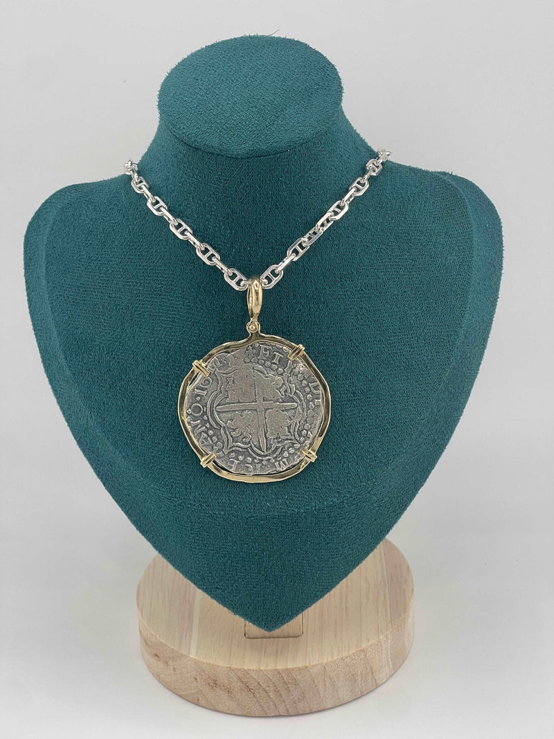 NUESTRA SENORA DE ATOCHA SOLID LARGE SIZE SILVER COIN PENDANT IN 14KT SOLID GOLD BEZEL