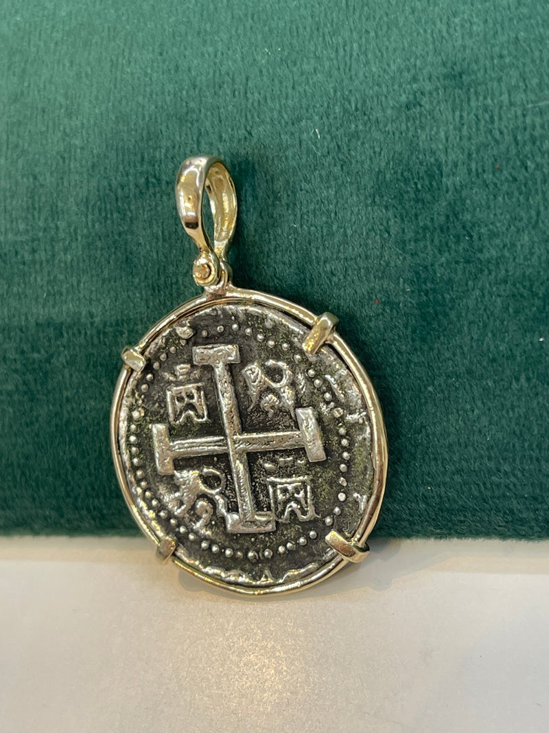 ATOCHA SILVER COIN PENDANT IN 14K REAL SOLID GOLD BEZEL HANDMADE FROM ATOCHA SILVER