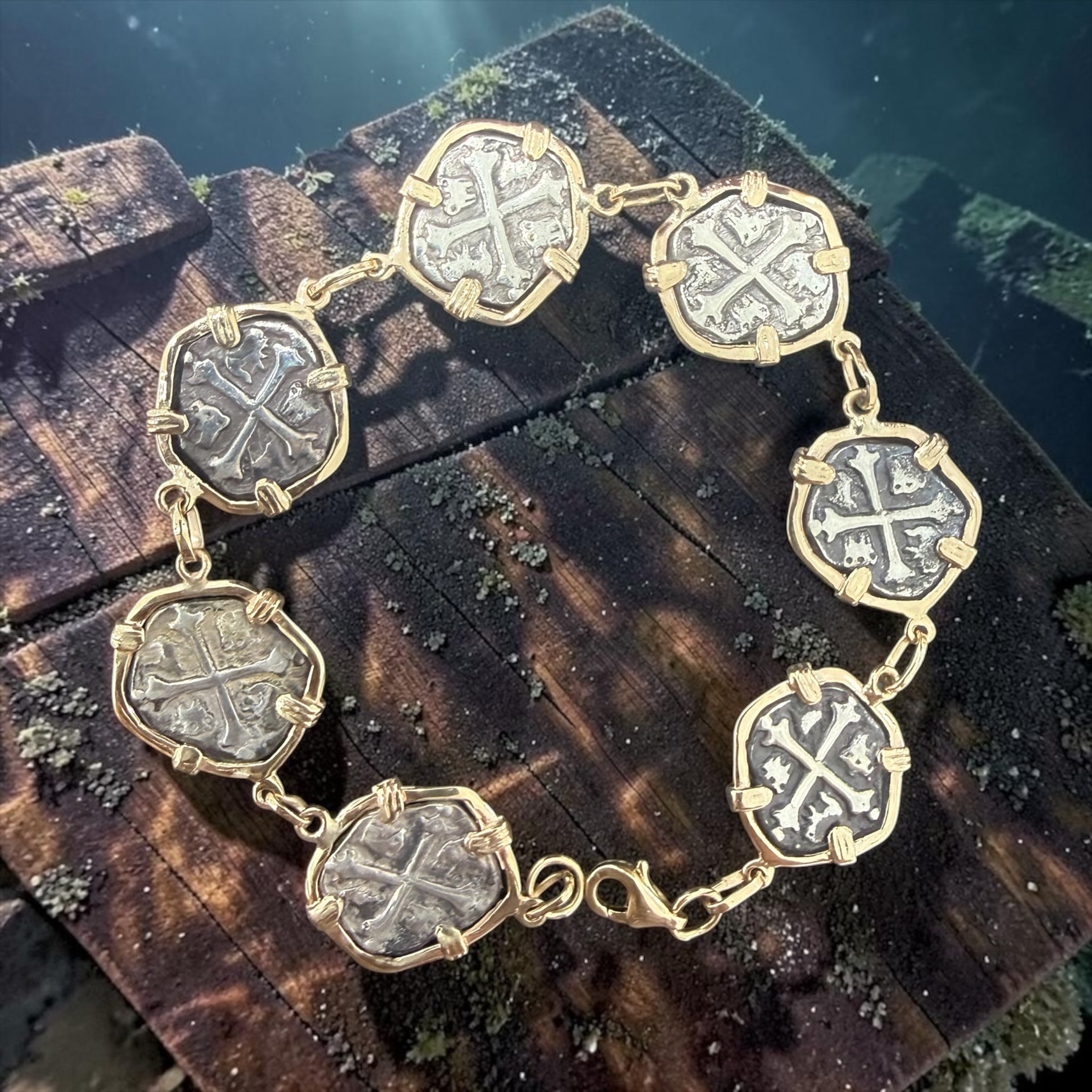 Handmade Recreation of atocha shipwreck coin bracelet in 14k real gold bezel
