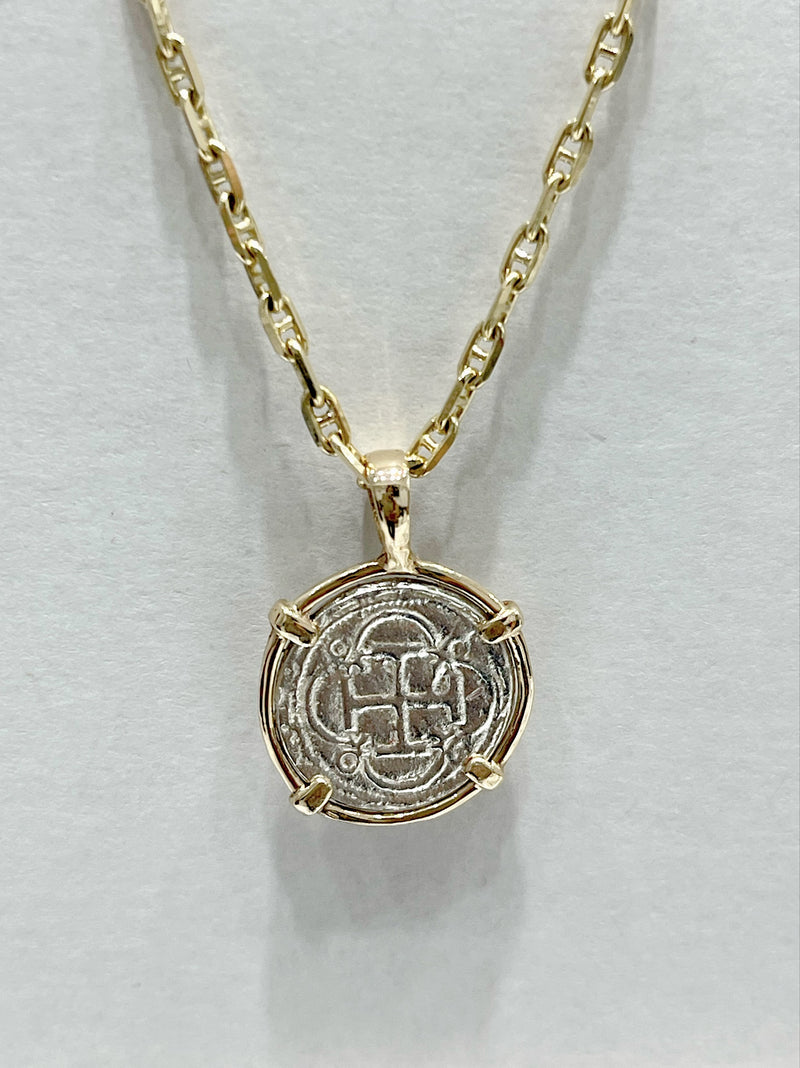 NUESTRA SENORA DE ATOCHA  SILVER DIME SIZE COIN PENDANT MADE FROM ATOCHA SILVER IN 14KT SOLID GOLD BEZEL