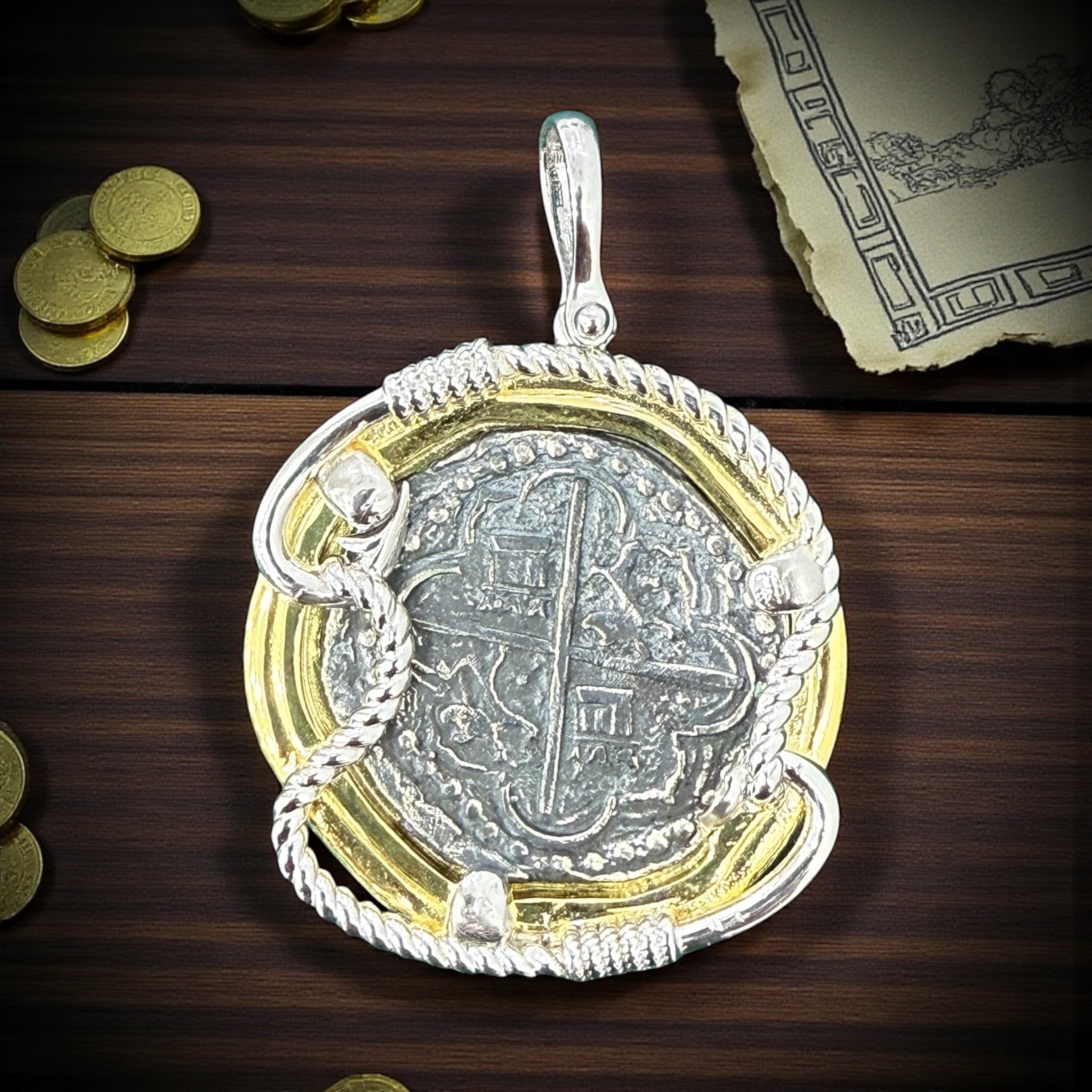 Large solid ATOCHA silver shipwreck coin pendant in beautiful rope setting and 14k gold vermeil bezel