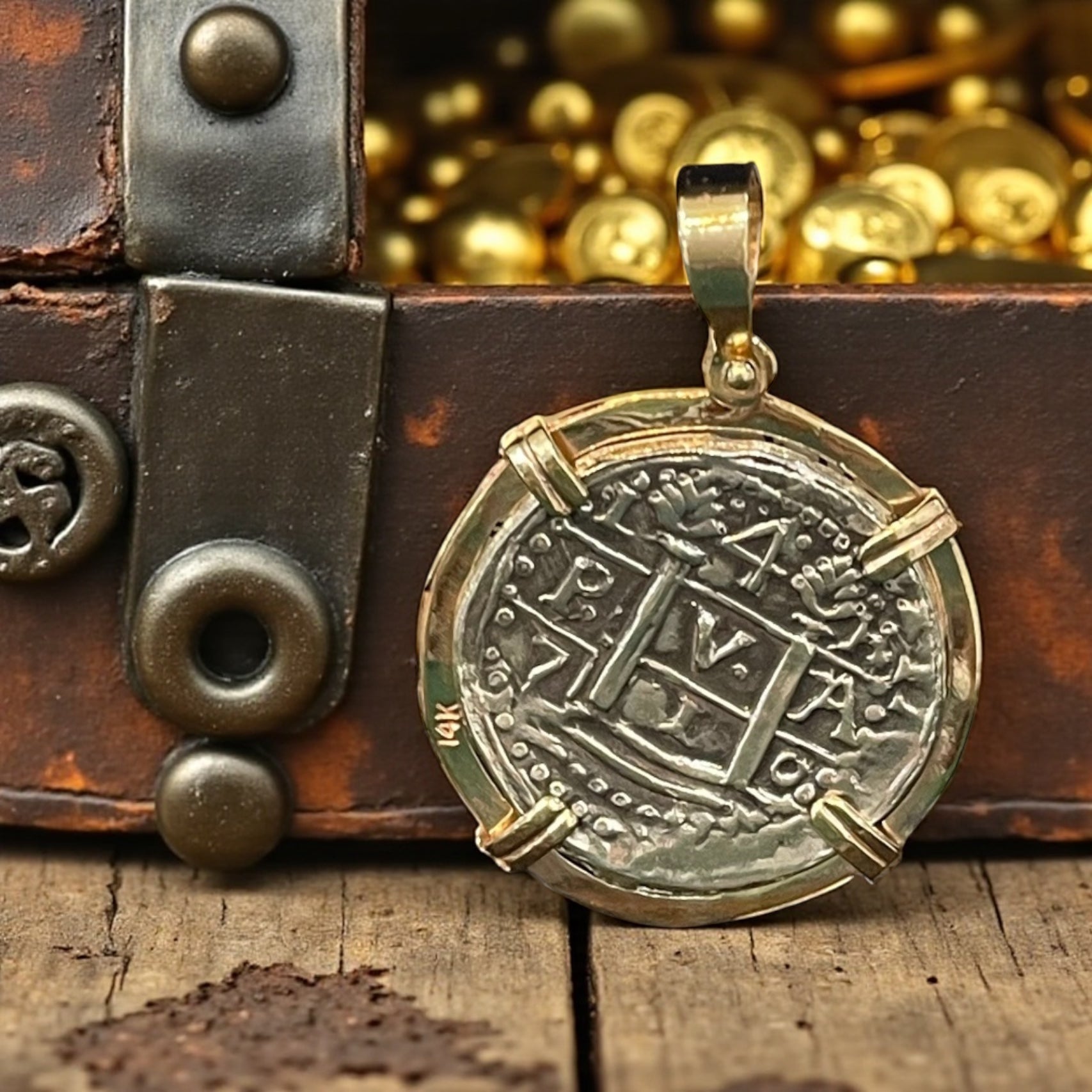 NUESTRA SENORA DE ATOCHA SILVER COIN PENDANT IN 14KT SOLID GOLD BEZEL HANDMADE WITH ATOCHA SILVER