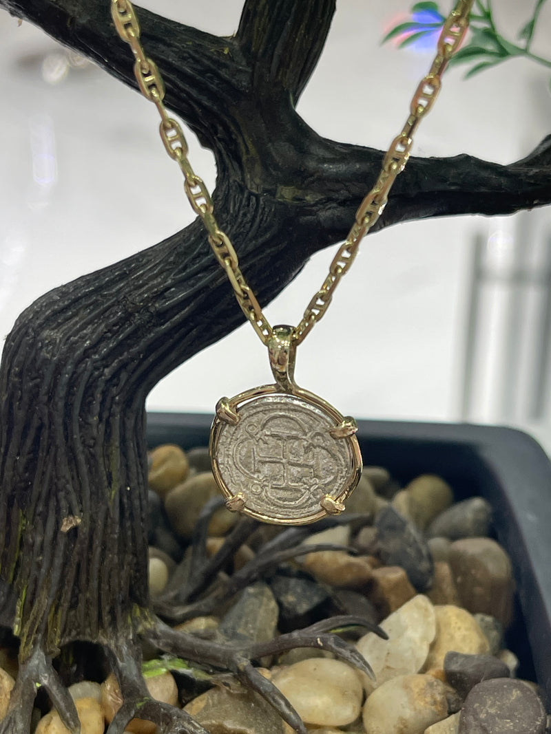 NUESTRA SENORA DE ATOCHA  SILVER DIME SIZE COIN PENDANT MADE FROM ATOCHA SILVER IN 14KT SOLID GOLD BEZEL