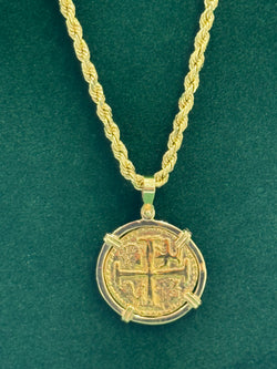 14k solid real gold atocha coin pendant with 14k solid real gold rope chain