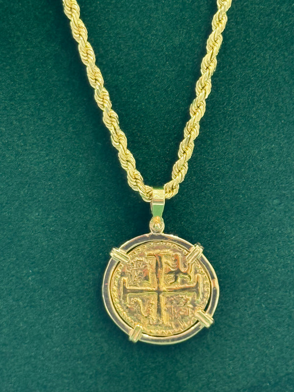 14k solid real gold atocha coin pendant with 14k solid real gold rope chain