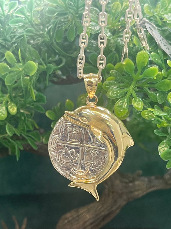 NUESTRA SENORA DE ATOCHA  SILVER COIN PENDANT IN 10KT GOLD FISH BEZEL