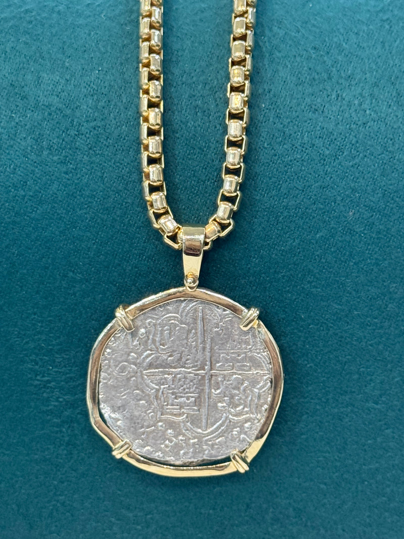 NUESTRA SENORA DE ATOCHA SILVER COIN PENDANT IN 14K REAL SOLID GOLD BEZEL 8 REALE SIZE HANDMADE FROM ATOCHA SILVER