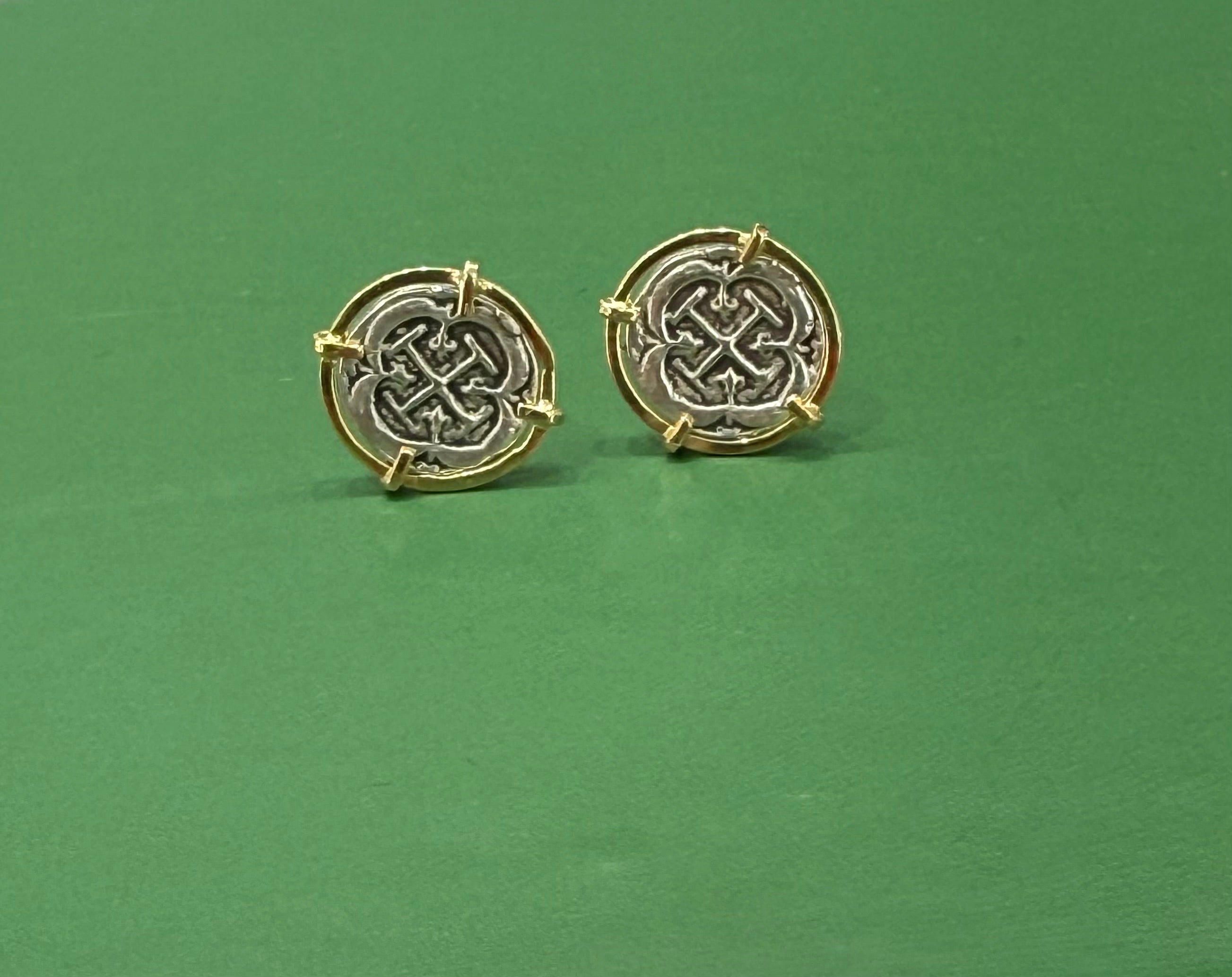 ATOCHA MINI SILVER COIN EARRINGS IN 14k GOLD BEZEL 12MM