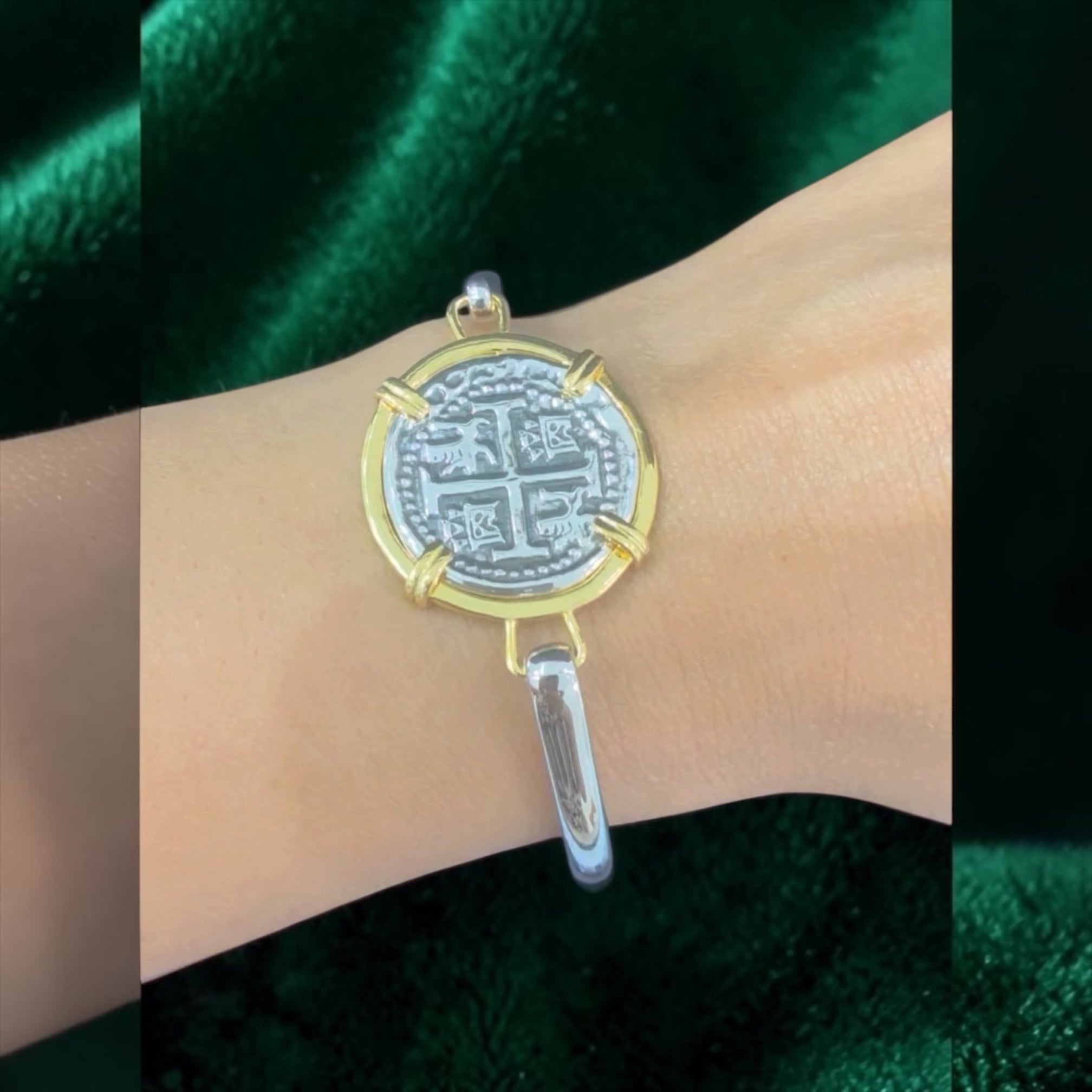 925 solid sterling silver recreation of atocha coin bangle two tone gold and silver