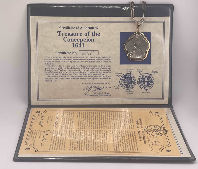 TREASURE OF THE CONCEPCION 1641 COIN “PIECE OF EIGHT”BEZELED IN 14K SOLID GOLD WITH CERTIFICATE OF AUTHENTICITY