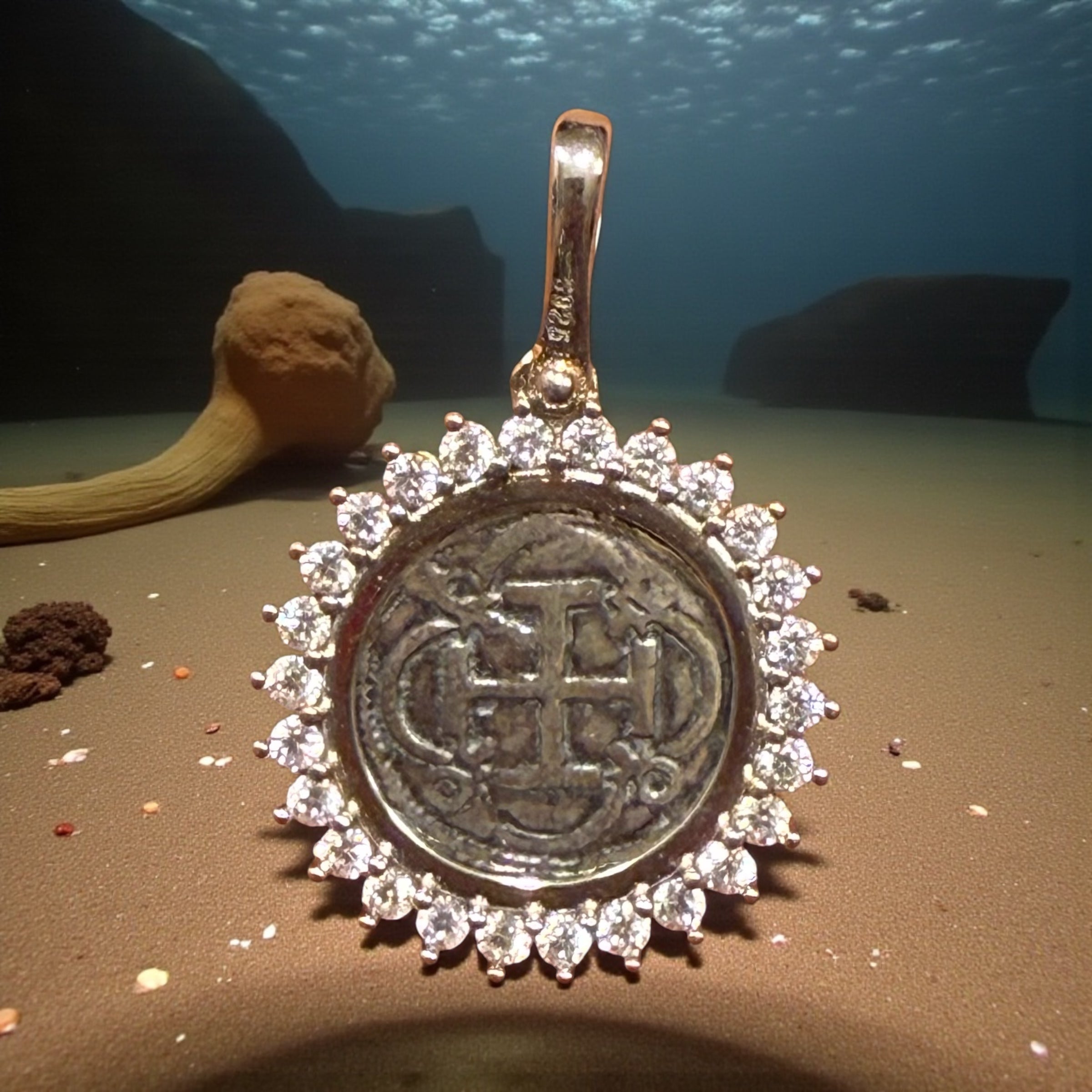 Gorgeous Atocha Shipwreck coin pendant in sparkling crystals 22mm