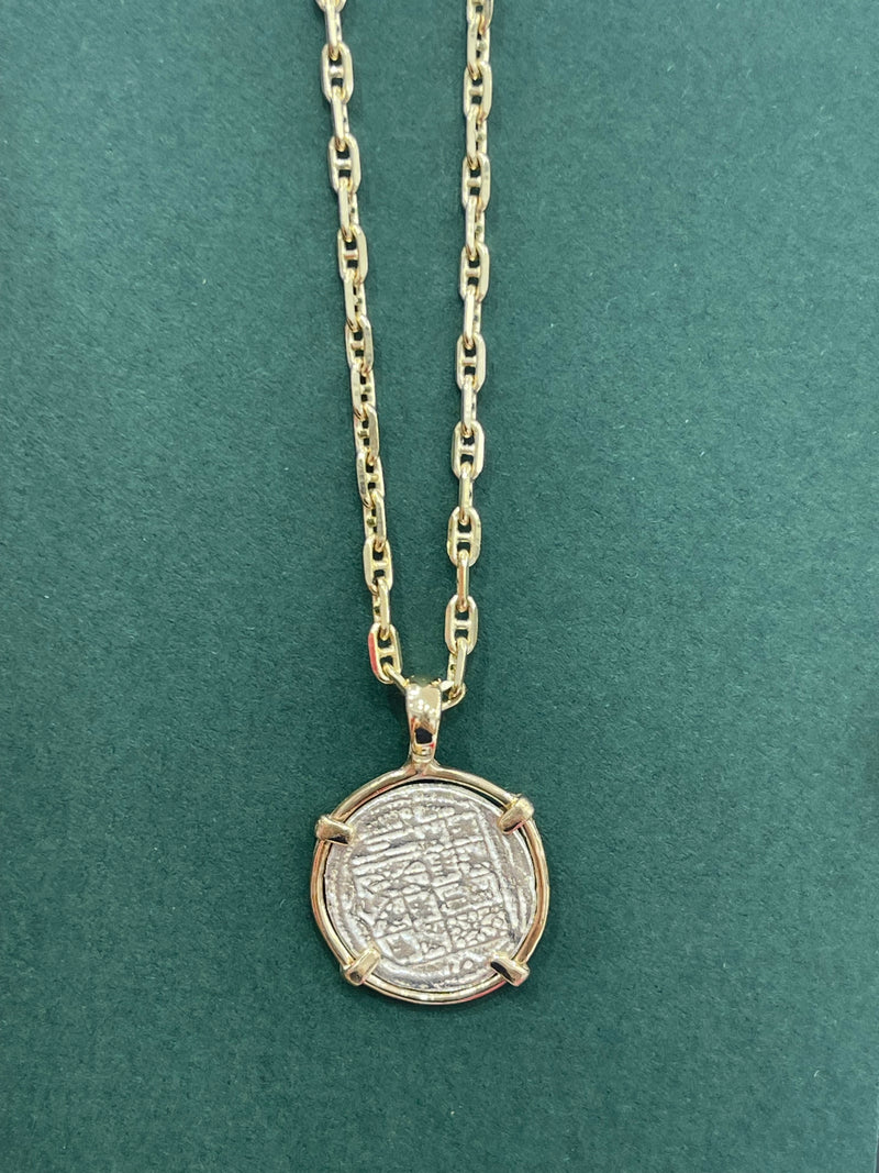 NUESTRA SENORA DE ATOCHA  SILVER DIME SIZE COIN PENDANT MADE FROM ATOCHA SILVER IN 14KT SOLID GOLD BEZEL