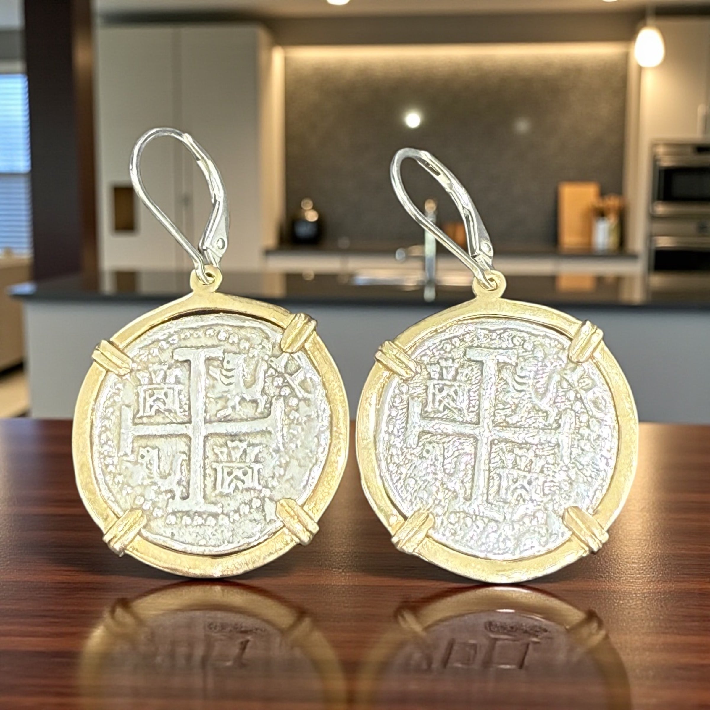 Atocha Silver COCKTAIL dangle Coin Earrings 25mm in 14k real gold bezel