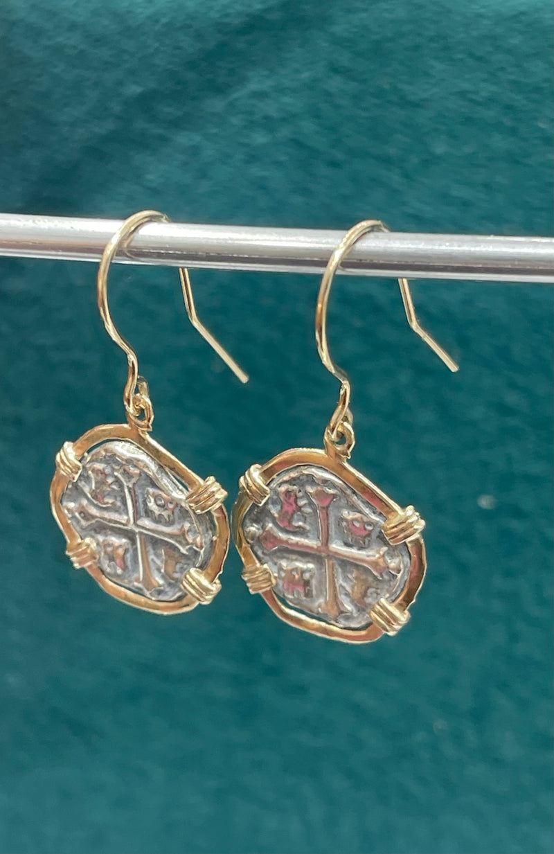 ATOCHA SILVER COIN HOOK DANGLE EARRINGS IN 14k GOLD BEZEL AND 14K GOLD HOOK