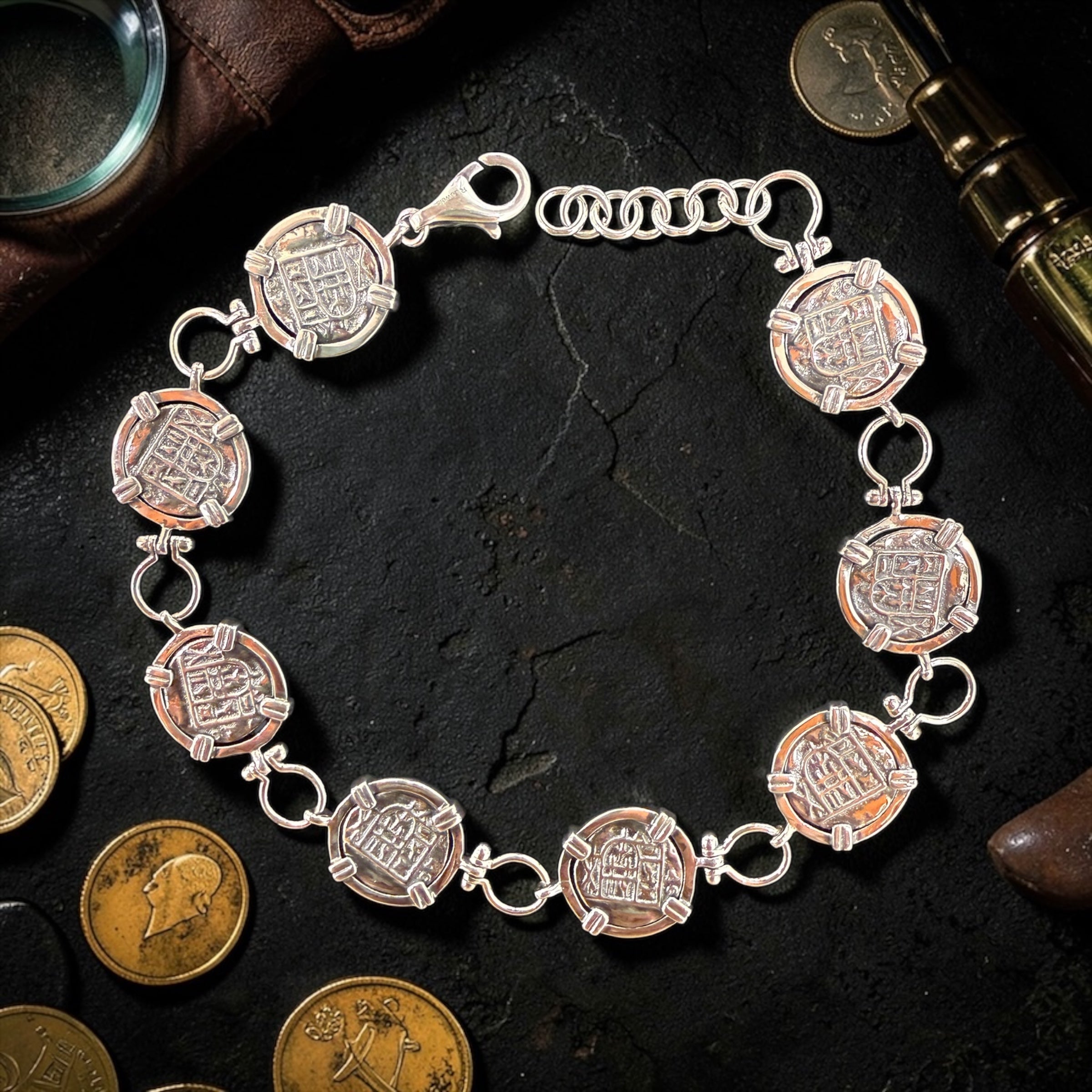 Atocha Shipwreck mini Coin Bracelet: 925 Sterling Silver in Shackle link adjustable