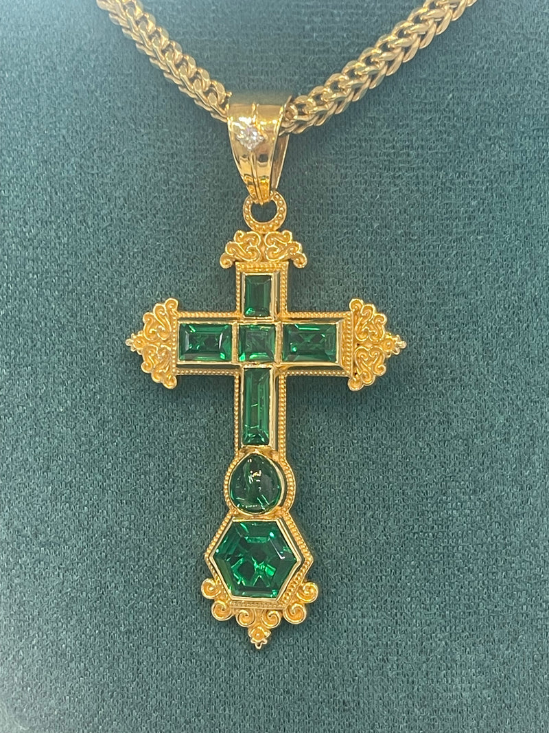 14K REAL SOLID GOLD EMERALD CROSS PENDANT