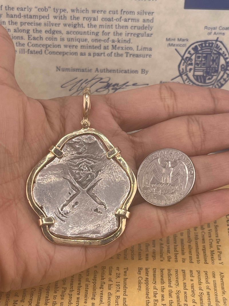 TREASURE OF THE CONCEPCION 1641 COIN “PIECE OF EIGHT”BEZELED IN 14K SOLID GOLD WITH CERTIFICATE OF AUTHENTICITY