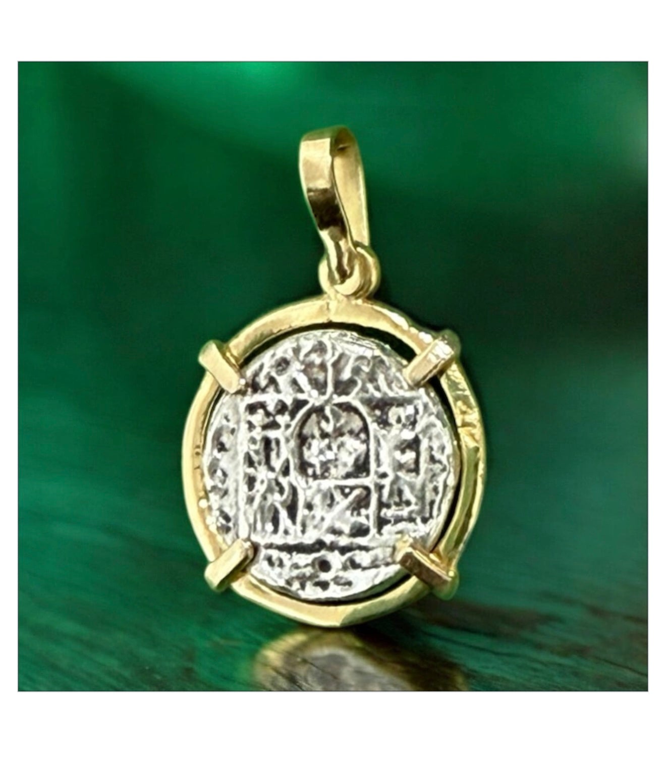 ATOCHA SILVER MINI LIGHT WEIGHT COIN PENDANT  IN 14K REAL GOLD BEZEL 12MM