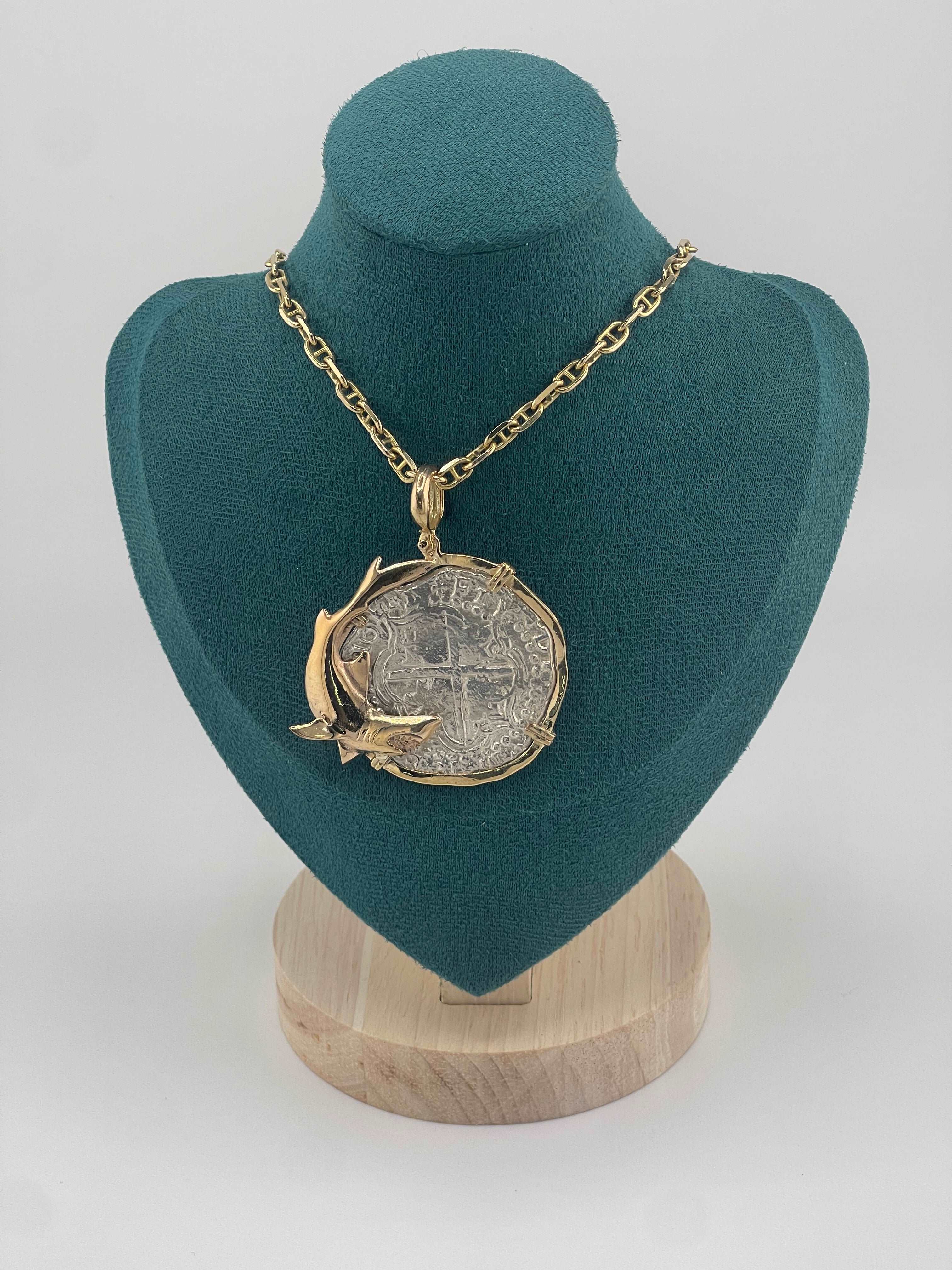 NUESTRA SENORA DE ATOCHA SOLID LARGE SILVER COIN PENDANT IN 14KT SOLID GOLD FISH BEZEL