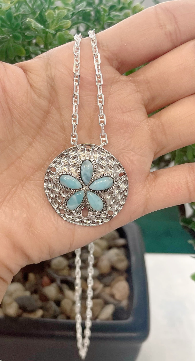 BEAUTIFUL LARIMAR SAND DOLLAR PENDANT