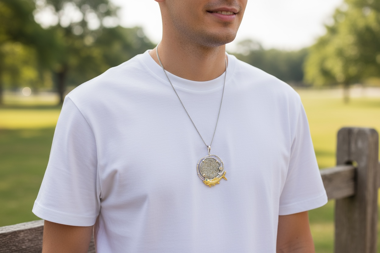 Atocha large size silver coin pendant in beautiful hook rope bezel and 14k gold vermeil fish setting on bottom in green crystal eye