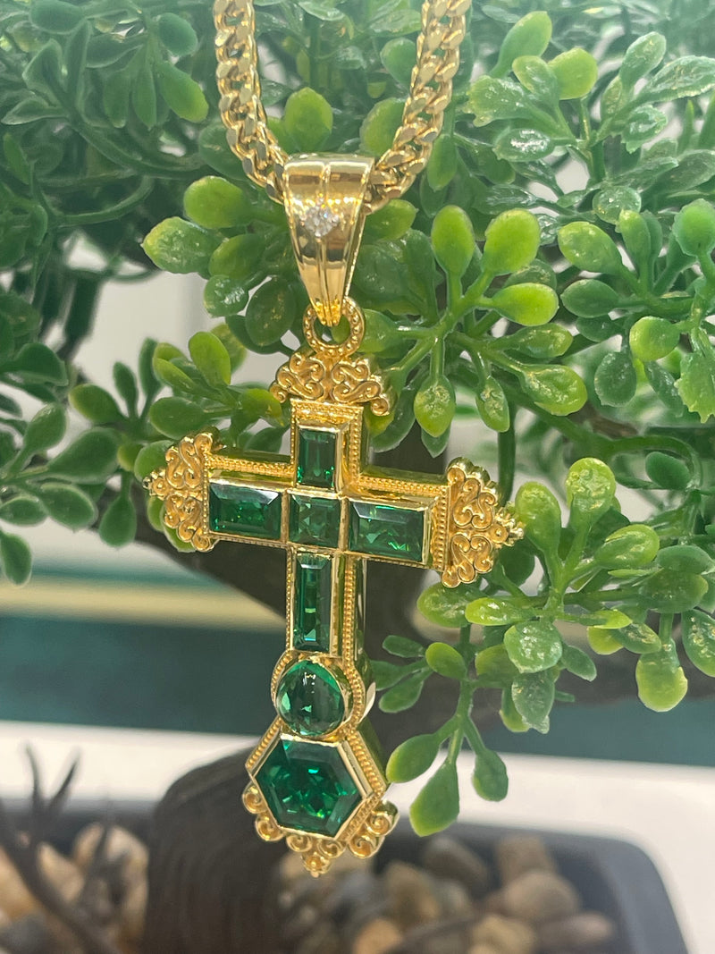 14K REAL SOLID GOLD EMERALD CROSS PENDANT