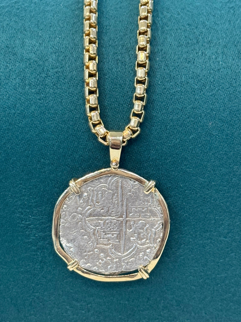 NUESTRA SENORA DE ATOCHA SILVER COIN PENDANT IN 14K REAL SOLID GOLD BEZEL 8 REALE SIZE HANDMADE FROM ATOCHA SILVER