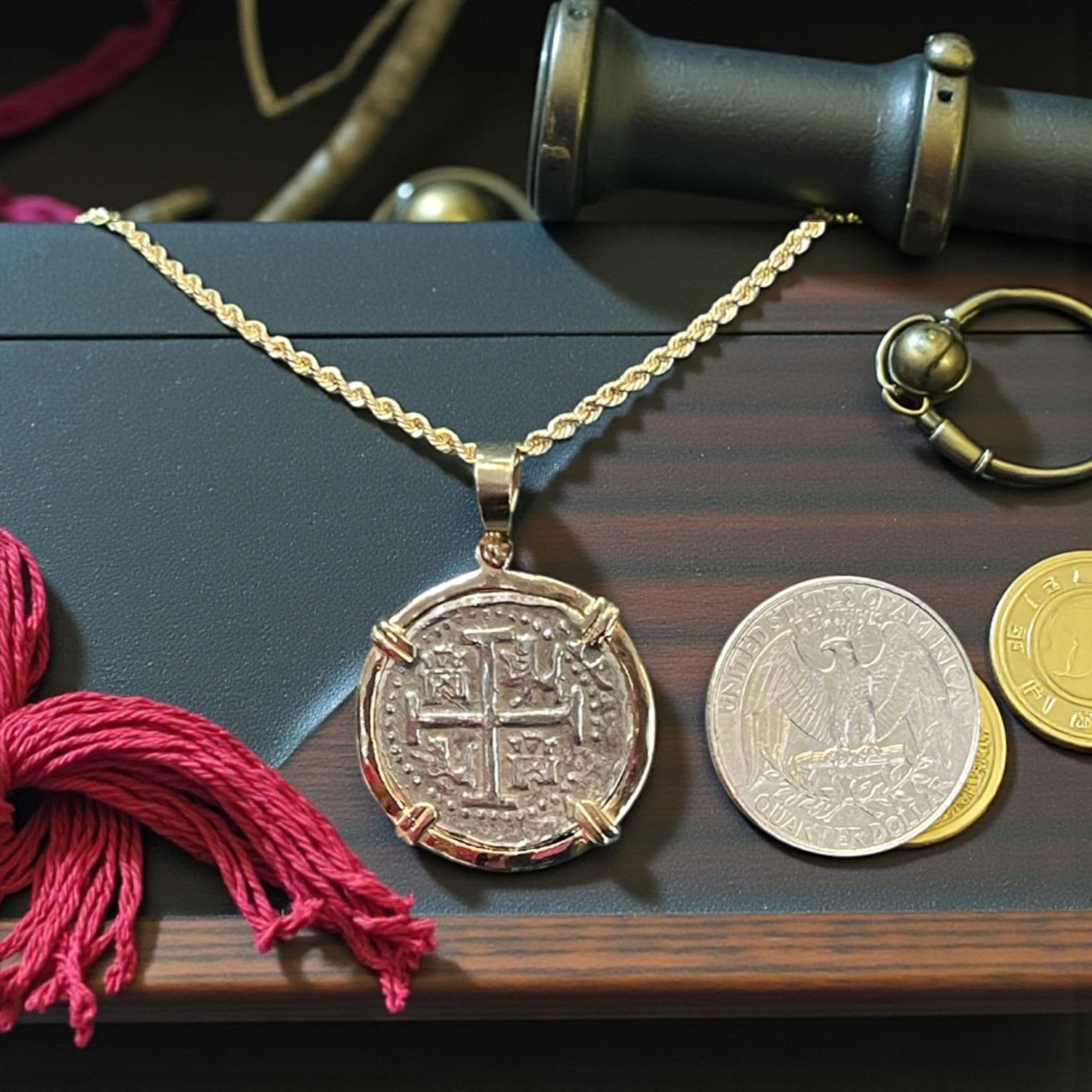 NUESTRA SENORA DE ATOCHA SILVER COIN PENDANT IN 14KT SOLID GOLD BEZEL