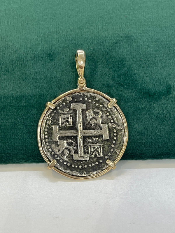 ATOCHA SILVER COIN PENDANT IN 14K REAL SOLID GOLD BEZEL HANDMADE FROM ATOCHA SILVER